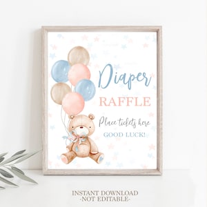 Teddy Bear Gender Reveal Diaper Raffle sign, bear with balloons pink and blue diaper sign, instant download editable sign