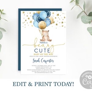 Teddy Bear Boy Baby Shower Invitation, Editable template, instant download, Navy Blue bear and balloons invite