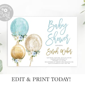 Baby shower invitation boy, instant download editable invitation template, blue flower balloon, it&#39;s a boy, Corjl invitation