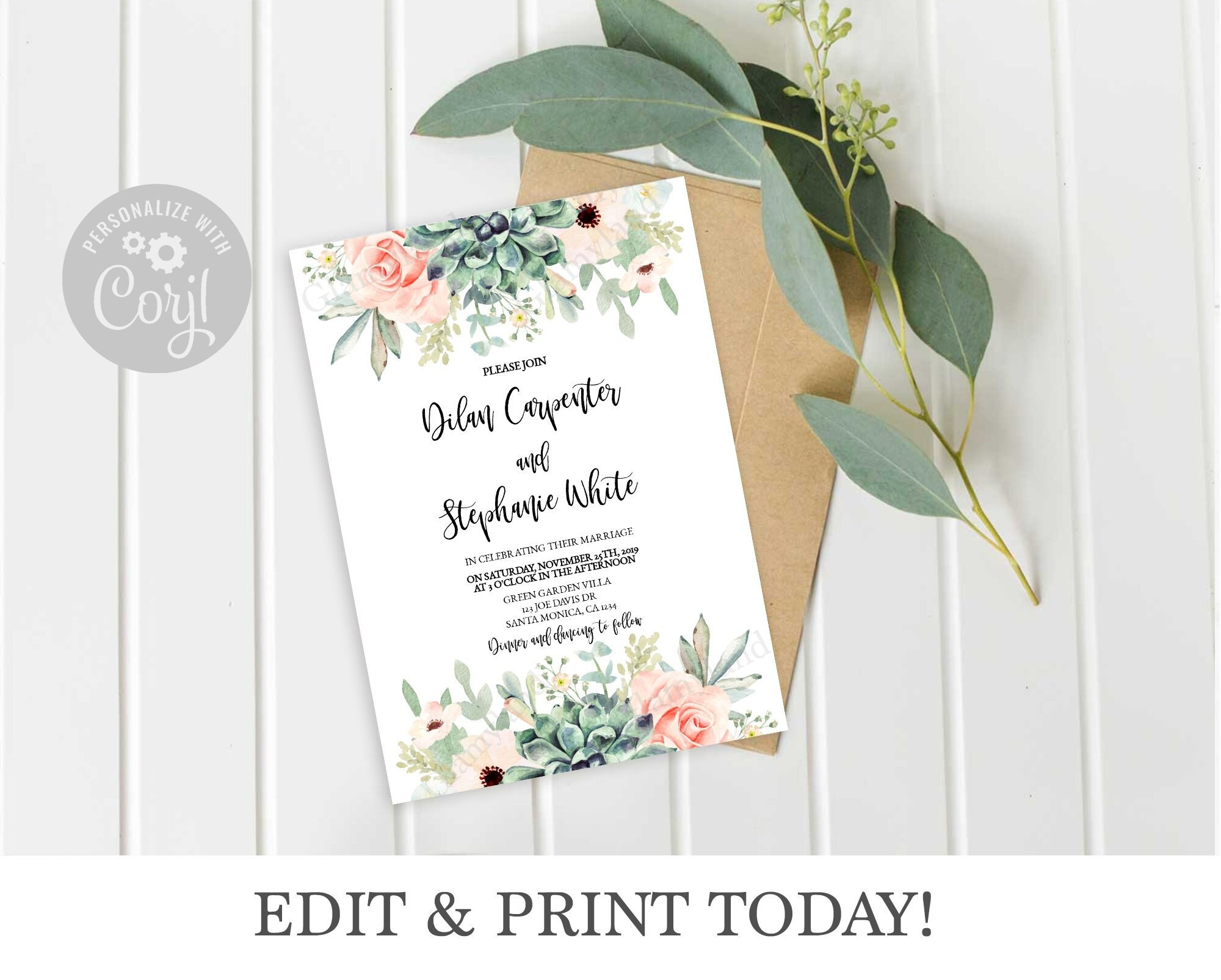 EDITIERBARE Hochzeitseinladung, floral, saftige Einladung, grün, sofortiger Download einladen, selbst editierbar