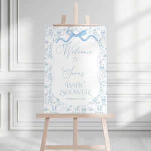 Aangepast welkomstbord babyshower met blauwe strik, Toile De Jouy welkomstbord babyshower, blauw vintage bord babyshower