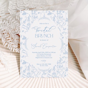 Toile Floral Bridal Shower Invitation Template, Dusty Blue Toile Bridal Invitation Template, Something Blue Bridal Invite, instant download