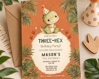 Three Rex Birthday Invitation, Watercolor Dinosaur 3rd Birthday Invite, Boho Dino Party, Editable Template, Boy's Jungle Theme