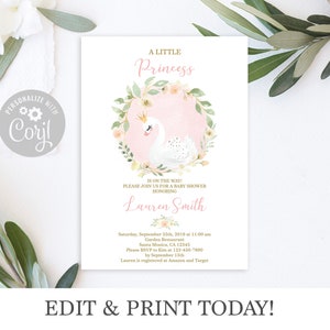 Schwan Baby Shower Einladung, Schwan Prinzessin Einladung, Instant Download, Selbst bearbeiten Vorlage, pink und gold, Duschmädchen Einladung
