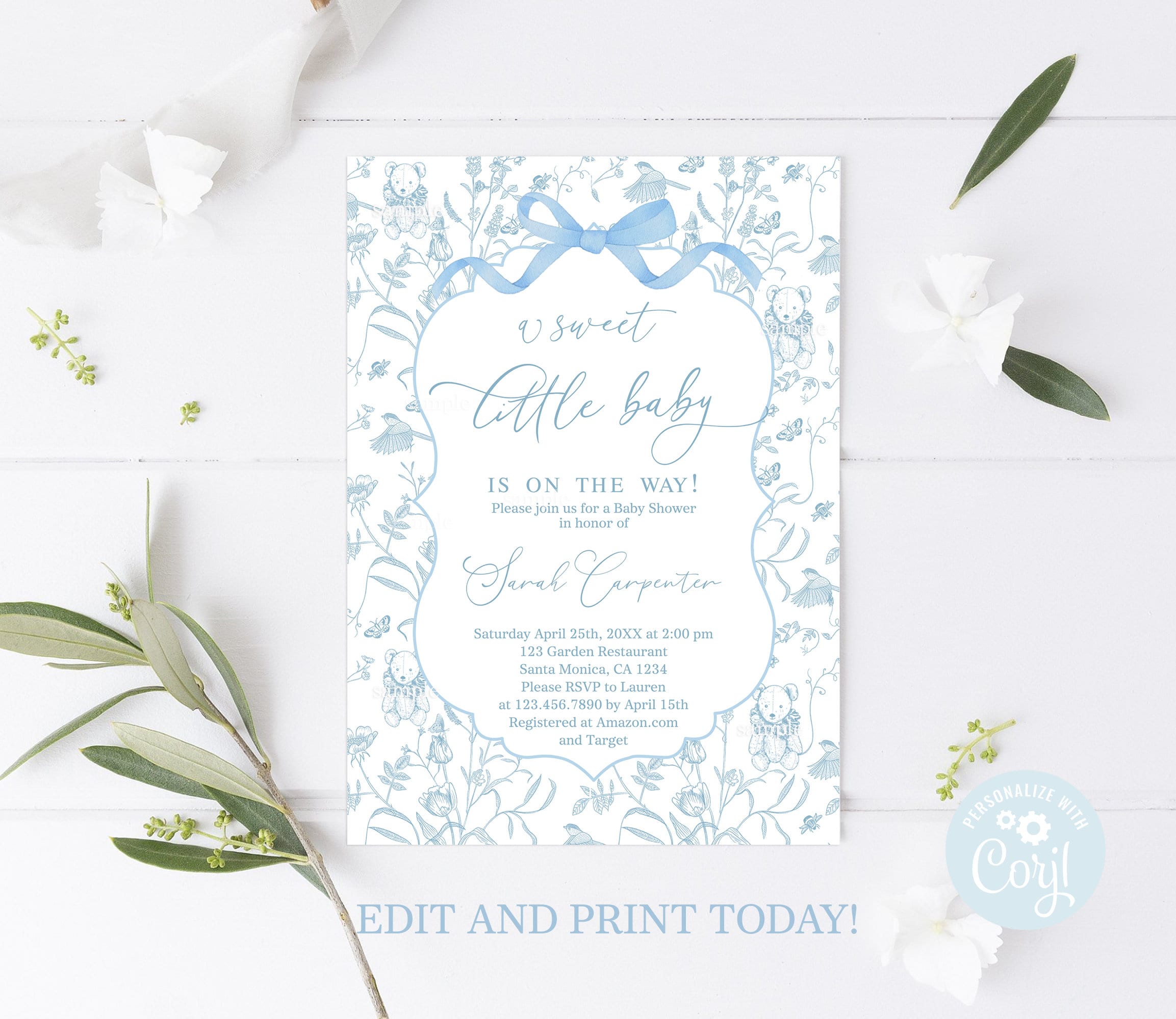 Toile De Jouy Blue Baby Shower Invitation With Bow, Blue