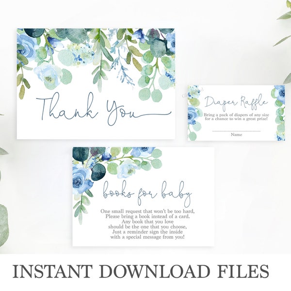 Baby shower bundle  boy thank you card, boy diaper raffle cards, navy blue floral thank you cards, instant download