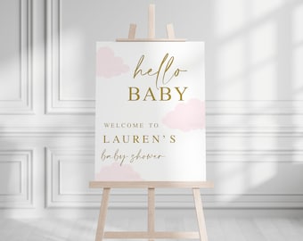 Letrero de bienvenida para baby shower de niña con nube, letrero de baby shower con nube rosa, letrero de bienvenida editable