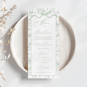 Karta menu na Baby Shower w kolorze neutralnym Toile De Jouy, spersonalizowana karta menu na Baby Shower w kolorze kokardki Sage Bow, zielona karta menu na Baby Shower w stylu vintage