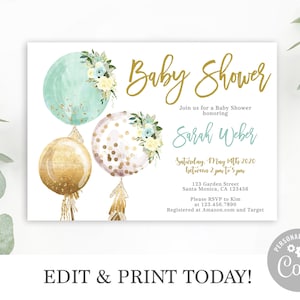 Mint & Gold Balloons Baby Shower Invitation (Instant Download)