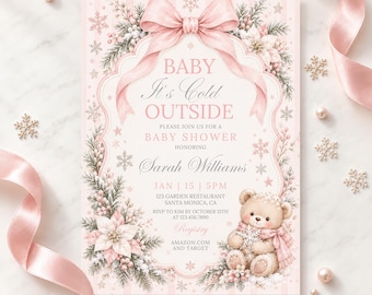 May include: A rectangular baby shower invitation card featuring a light pink striped background, a large pink bow at the top, and winter-themed illustrations of pine branches, poinsettias, snowflakes, and a teddy bear holding a snowflake.