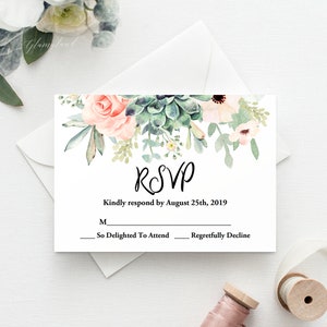 EDITABLE RSVP card, floral, succulents, cactus, coral peach, instant download, succulent rsvp, boho