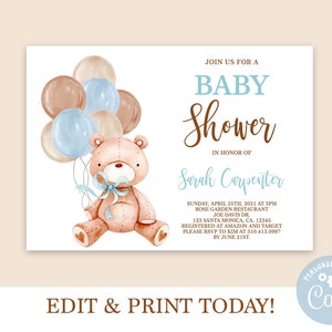 Teddy Bear Baby Shower Invitation Boy, Editable template, instant download, blue bear invite