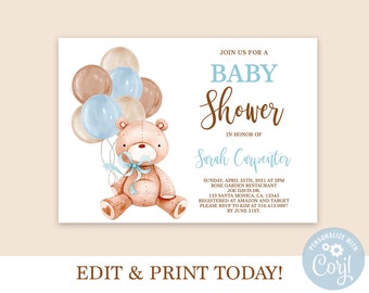 Teddy Bear Baby Shower Invitation for baby Boy, Editable template, instant download, blue bear invite