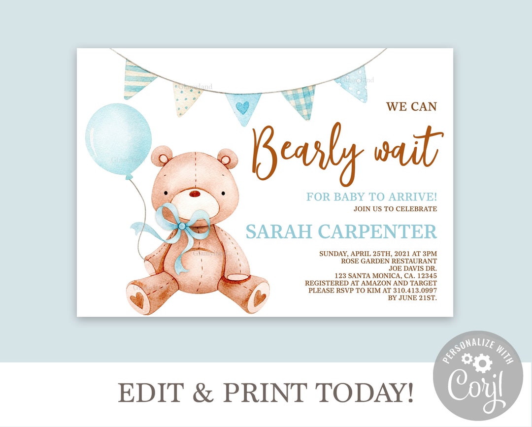 Bear Baby Shower Invitation for Baby Boy, We Can Bearly Wait, Editable