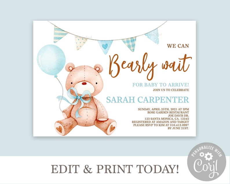 Bear Baby Shower Invitation for Baby Boy We Can Bearly Wait Etsy
