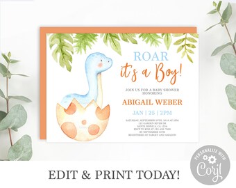 Dinosaur Baby Shower Invitation, It's a Boy editable template instant download invite, Roar it's a boy baby shower invitation