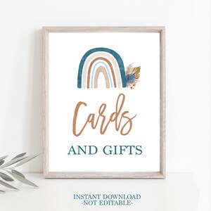 Boho Blue Rainbow cartes et cadeaux baby shower garçon signe, téléchargement immédiat