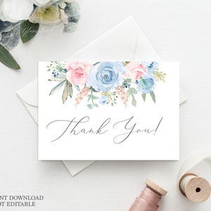 Blau und erröten floral Danke Karte, sofortiger Download druckbare Karte, staubige blau und erröten rosa Aquarell Blumenkarte