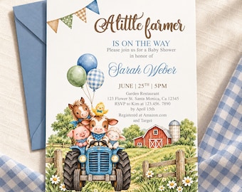 May include: A baby shower invitation card featuring a blue tractor carrying a horse, pig, cow, sheep, and chick. The text reads A little farmer IS ON THE WAY, Sarah Weber, June 25th, 5PM, Garden Restaurant, 123 Flower St. Santa Monica, Ca 12345.
