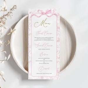 Toile De Jouy Baby Shower Girl Menu card, Pink Bow Baby Shower Girl Customized Menu card, Pink Vintage Baby Shower menu card