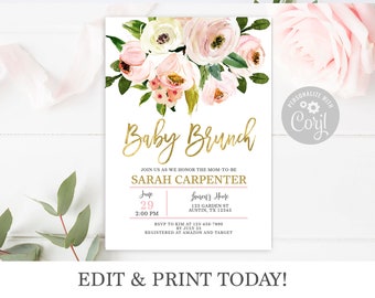 Brunch Baby Shower invitation girl, baby brunch invite, instant download, editable template, blush and gold baby shower invite