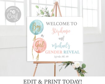 Gender Reveal welcome sign, balloons pink and blue, Baby shower boy or girl sign, instant download editable sign