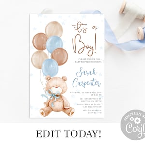 Teddy Bear Baby Shower Invitation Boy, Editable template, instant download, blue bear invite