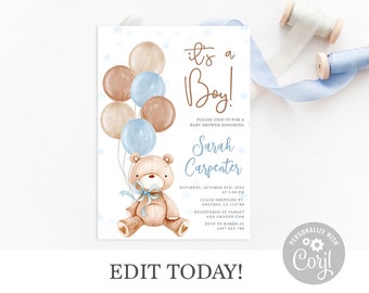 Teddy Bear Baby Shower Invitation Boy, Editable template, instant download, blue bear invite