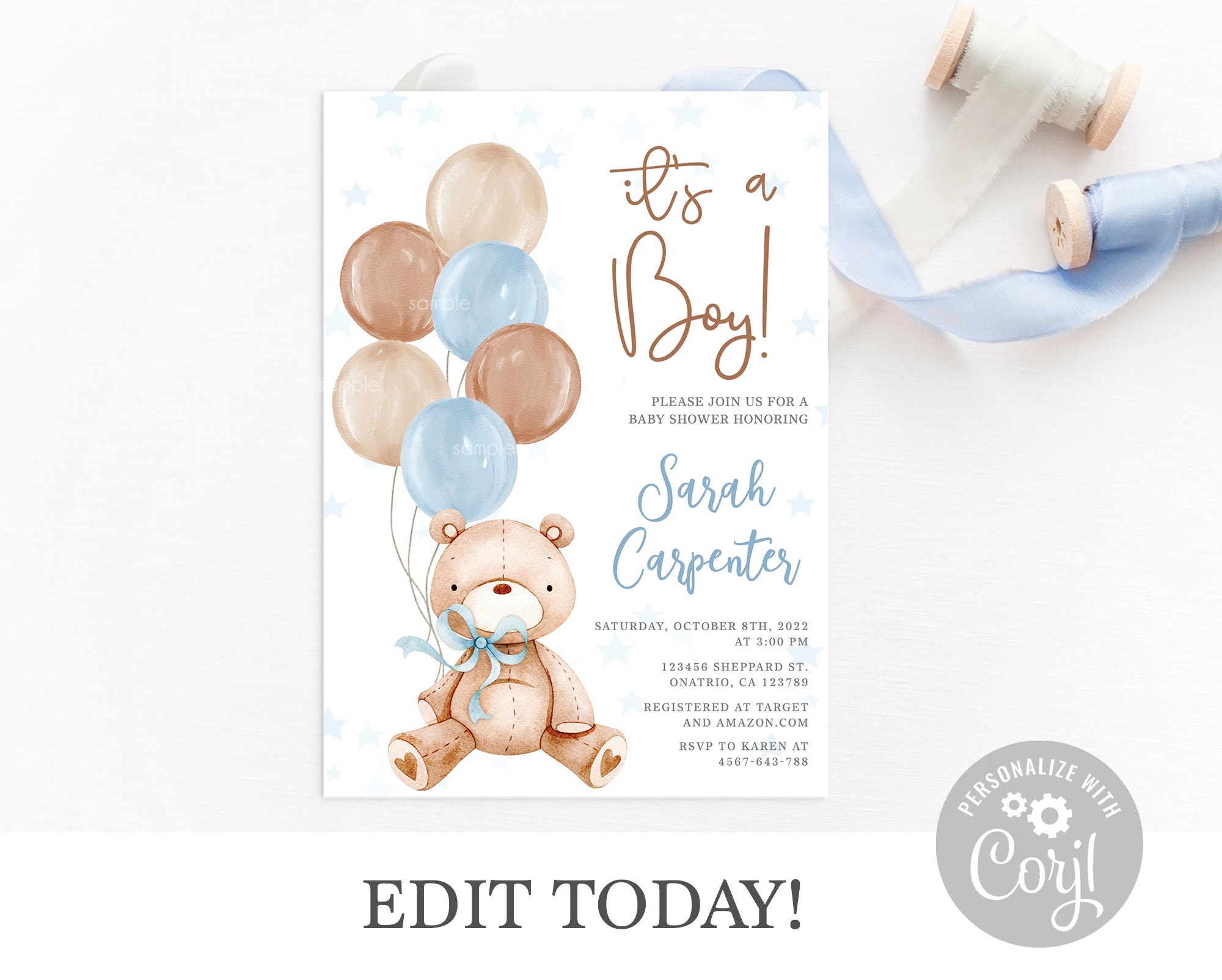 Teddy Bear Boy Baby Shower Invitation Editable Template Etsy Canada