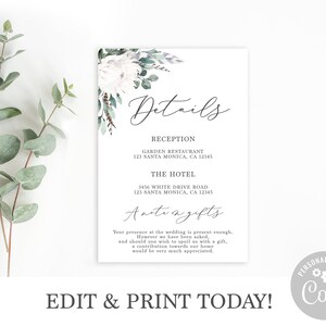 Tarjeta de detalles de la boda, plantilla de tarjeta de información de la boda, protea blanca floral de asta boho, tarjeta de detalles editable imprimible