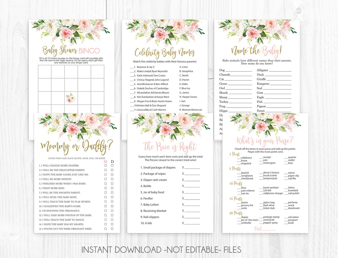Baby Shower Girl Pack Games, Instant Download Baby Shower Games, Blush ...