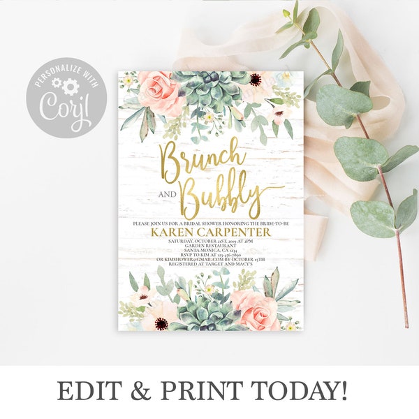 EDITABLE Bridal Shower invitation, succulent invite, floral brunch invitation, cactus, instant download, rustic bridal invite