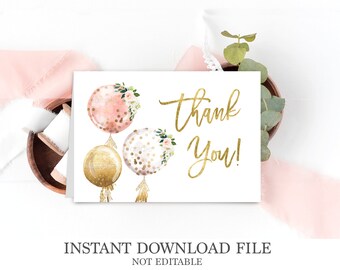 Baby shower thank you card, pink and gold balloons thank you card, instant download thank you card