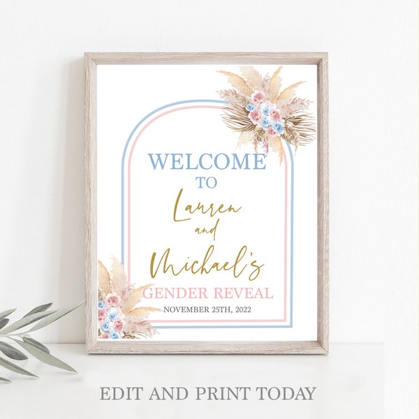 Pampas Grass Gender Reveal welcome sign, boho pink and blue sign, instant download editable sign