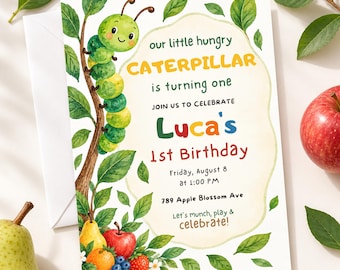May include: A rectangular birthday invitation card featuring a watercolor illustration of a green caterpillar on a tree branch. The text reads: our little hungry CATERPILLAR is turning one JOIN US TO CELEBRATE Luca's 1st Birthday Friday, August 8 at 1:00 PM 789 Apple Blossom Ave Let's munch, play & celebrate!