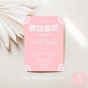 Invito per baby shower Cielito Lindo, invito blu per baby shower Papel Picado per bambina