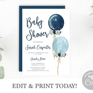 Baby Shower Invitation Boy, Editable Invitation Template, Navy Blue Balloons, it's a boy Printable Invite, Instant Download Corjl invite