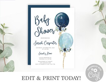 Baby Shower Invitation Boy, Editable Invitation Template, Navy Blue Balloons, it&#39;s a boy Printable Invite, Instant Download Corjl invite