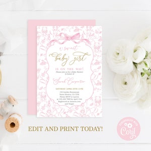 Faire-part de fête prénatale en toile de Jouy avec noeud, Faire-part de fête prénatale vintage rose chinoiserie pour bébé fille