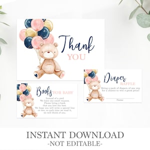 Teddy Bear Gender Reveal bundle, révéler des cartes de tombola de couches d’ours, des cartes de remerciement ours bleu ou rose et ballons, téléchargement instantané