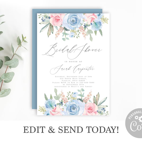 Blue and blush bridal shower invitation, instant download editable template