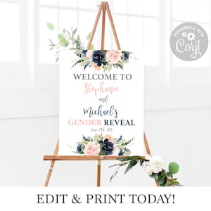 Floral Gender Reveal Welcome Sign: Navy, Pink (Editable Digital Download)