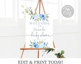 Baby boy welcome sign, blue floral Baby shower boy sign, instant download editable sign