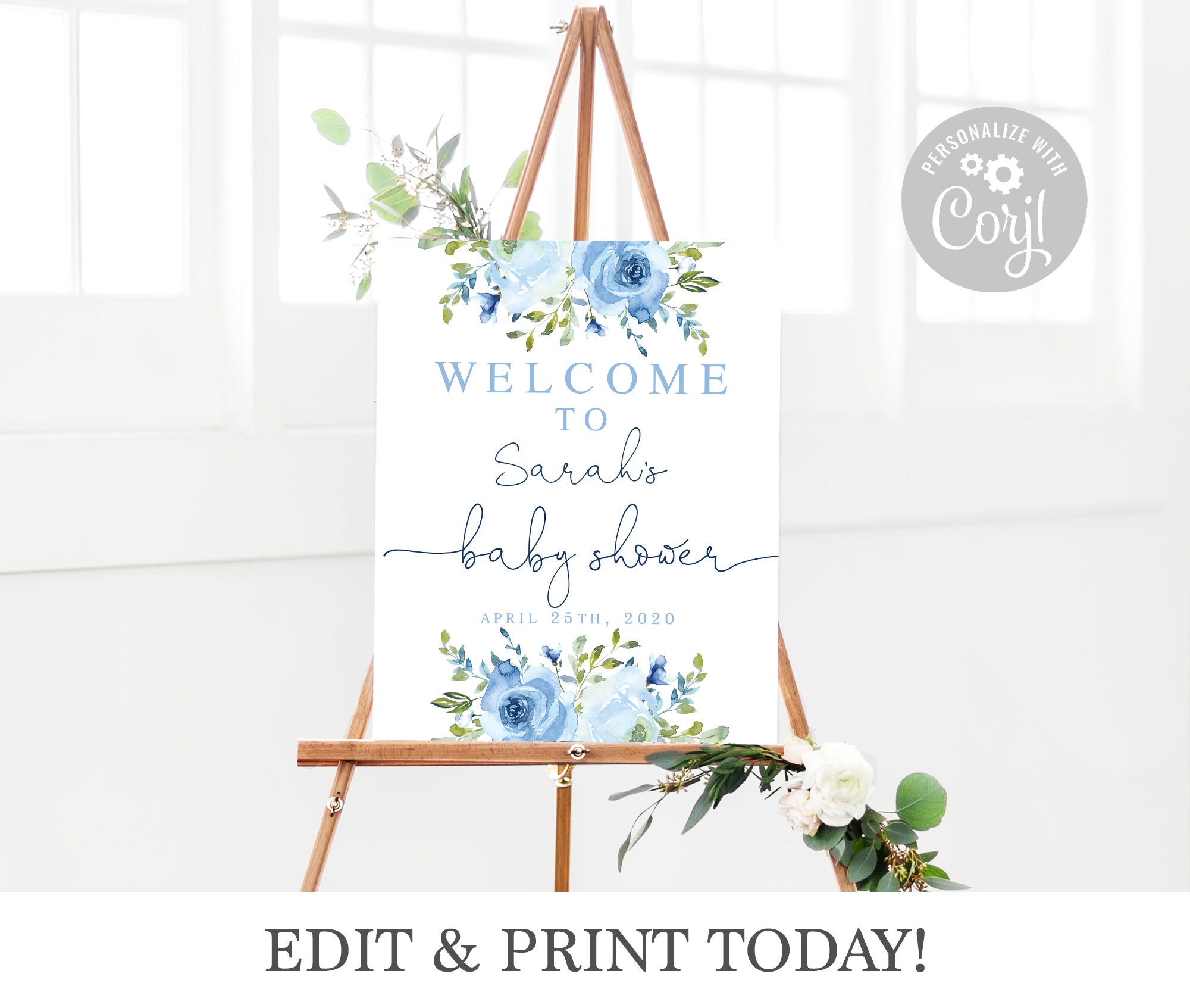 Baby boy welcome sign blue floral Baby shower boy sign | Etsy
