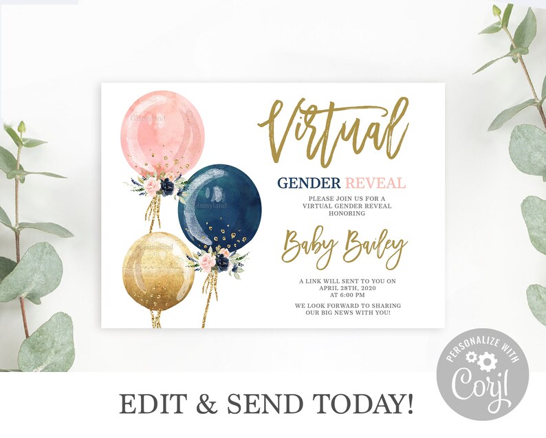 Virtual gender reveal invitation Balloon reveal invitation | Etsy