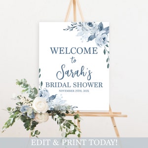 Dusty blue Floral bridal shower welcome sign, floral Bridal shower sign, instant download editable sign