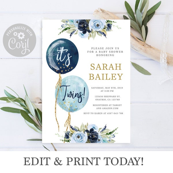 Baby Shower Twins Boys invitation, Editable Invitation Template, Navy Blue Balloons, Instant Download Corjl invite