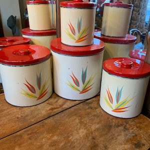May include: A collection of vintage kitchen canisters. The canisters are off-white with red lids and feature a colorful leaf design. The canisters are arranged on a wooden surface.