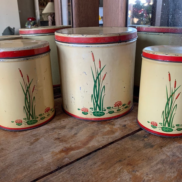 Cattails and Waterlilies!  Vintage 3-Can Tin Canister Set - Nostalgia - Creamy Yellow, Red, Green - Unmarked