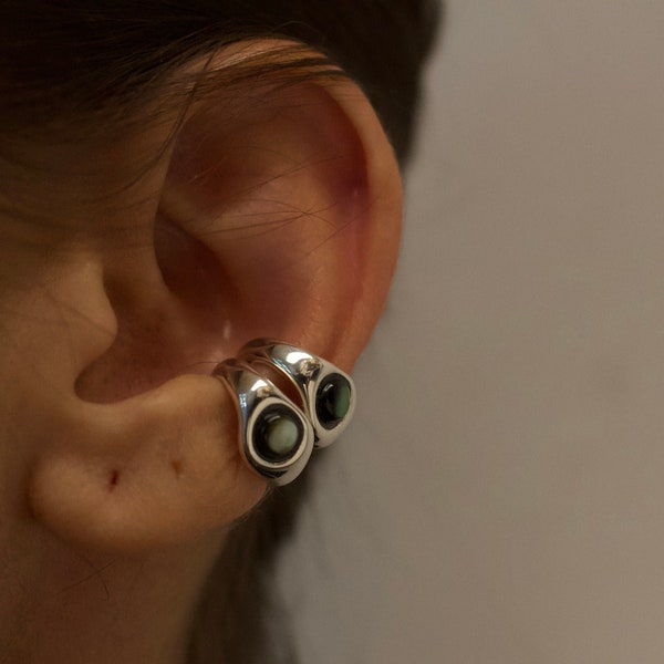 Recycled sterling silver ear cuff/ Minimalist solid silver wrap earrings/ No piercing earrings with gemstone/ Modern chunky hoops/ gift idea